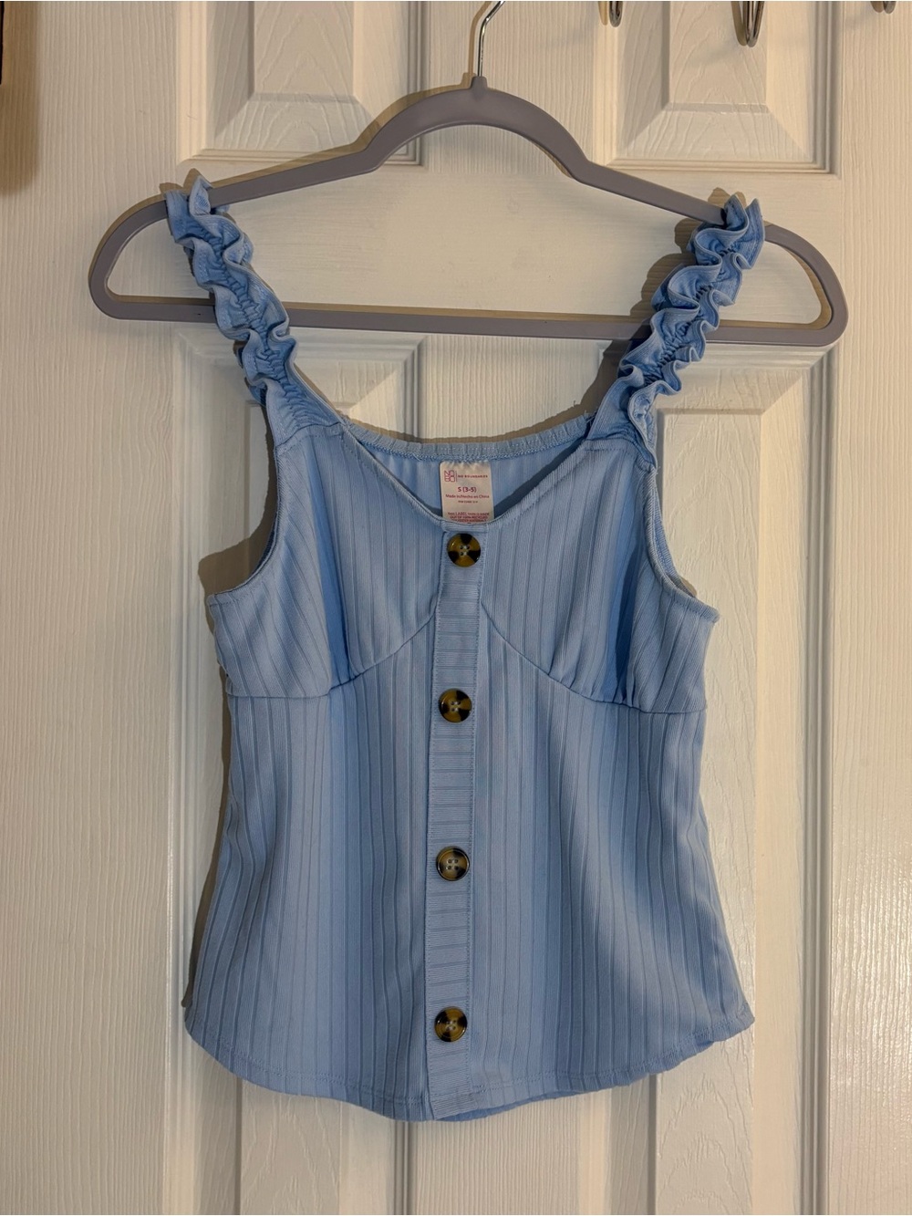 No Boundaries Light Blue Ribbed Ruffle Strap Button Front Tank Top Size S 3-5.
